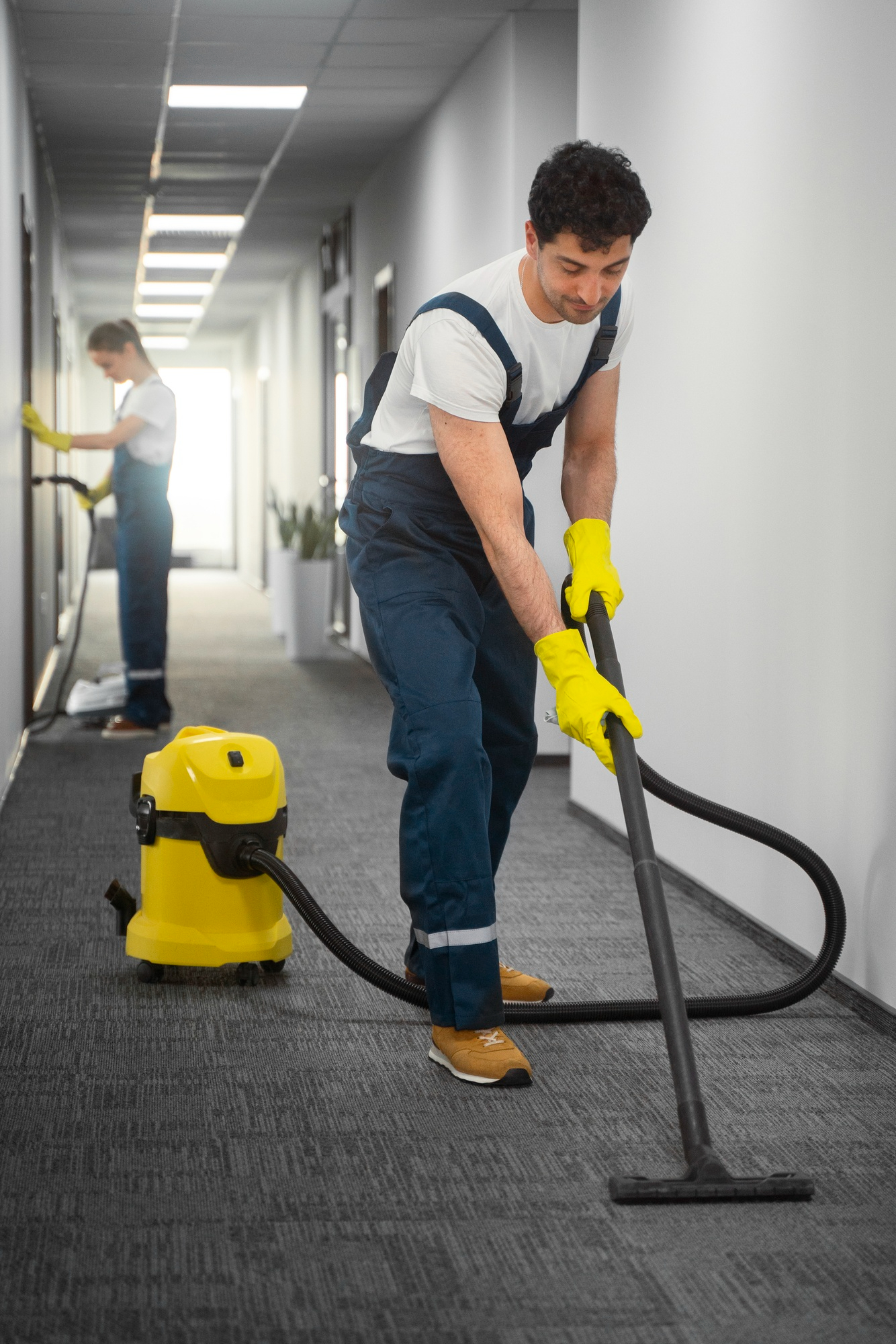Two professional cleaners in blue overalls and yellow gloves cleaning a hallway, one vacuuming the carpet and the other wiping a wall.