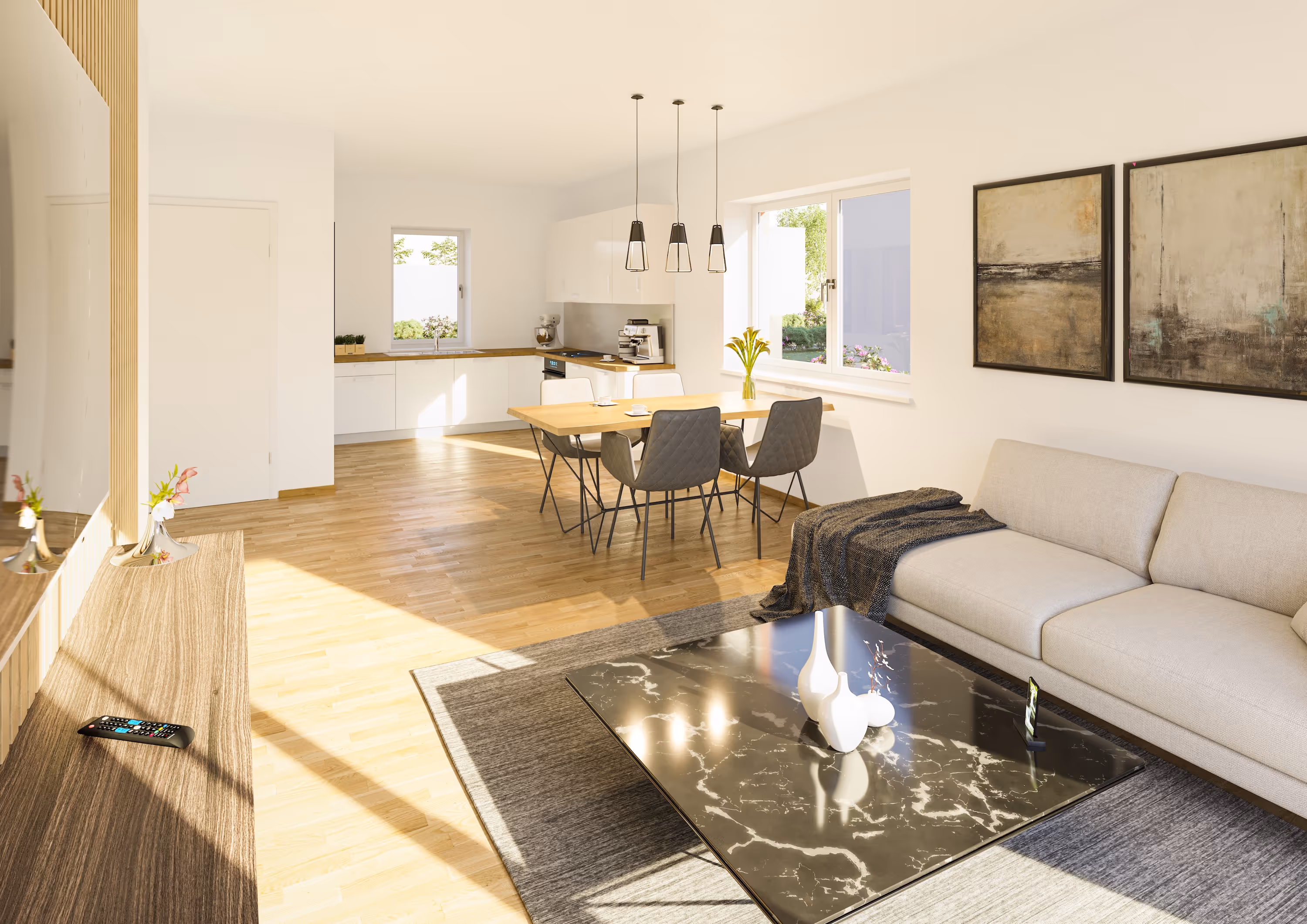 Lichte, moderne woonkamer met beige bank, marmeren salontafel, eettafel met stoelen en een open keuken.