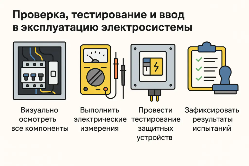 Перед вводом системы в эксплуатацию необходимо провести проверку и тестирование электропроводки, чтобы избежать перегрузок и пожароопасных ситуаций.