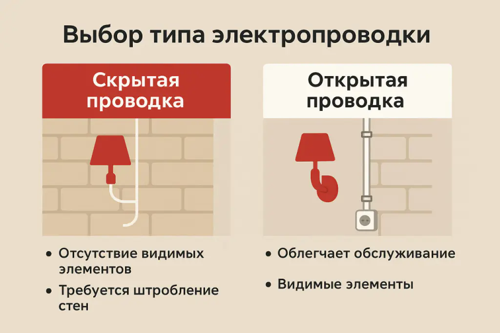 Выбор типа проводки — скрытая или открытая — влияет на сроки работ и требования к ровности стен, что важно в старых бишкекских домах.