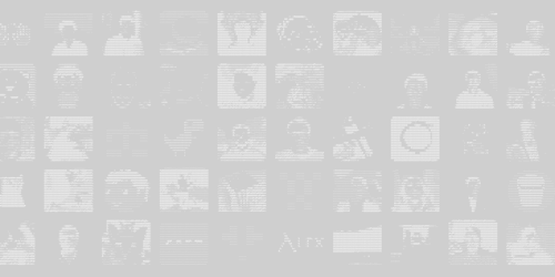 Grid of multiple black-and-white ASCII art portraits of various people and objects, arranged in rows and columns.