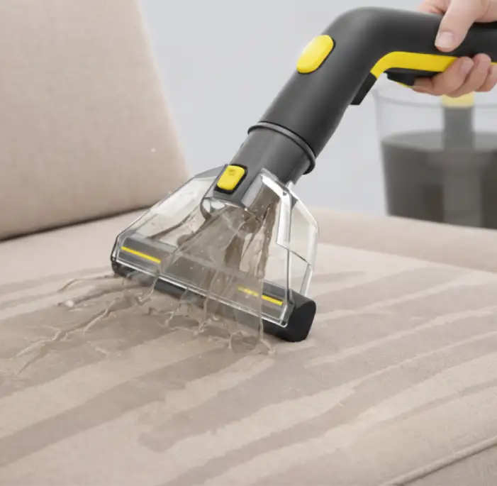 Pranie właściwe tapicerki odkurzaczem Karcher Puzzi – jednoczesne spryskiwanie i odsysanie brudu do przezroczystej ssawki