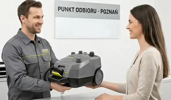 Odbiór parownicy Karcher SG 4/4 w punkcie wynajmu Poznań centrum – przekazanie profesjonalnego sprzętu klientowi.
