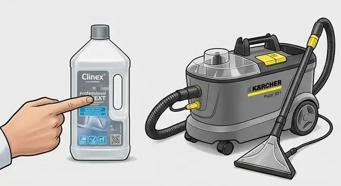 Przygotowanie odkurzacza piorącego Karcher Puzzi 10/1: odkurzanie tapicerki na sucho i wlewanie roztworu chemii do zbiornika