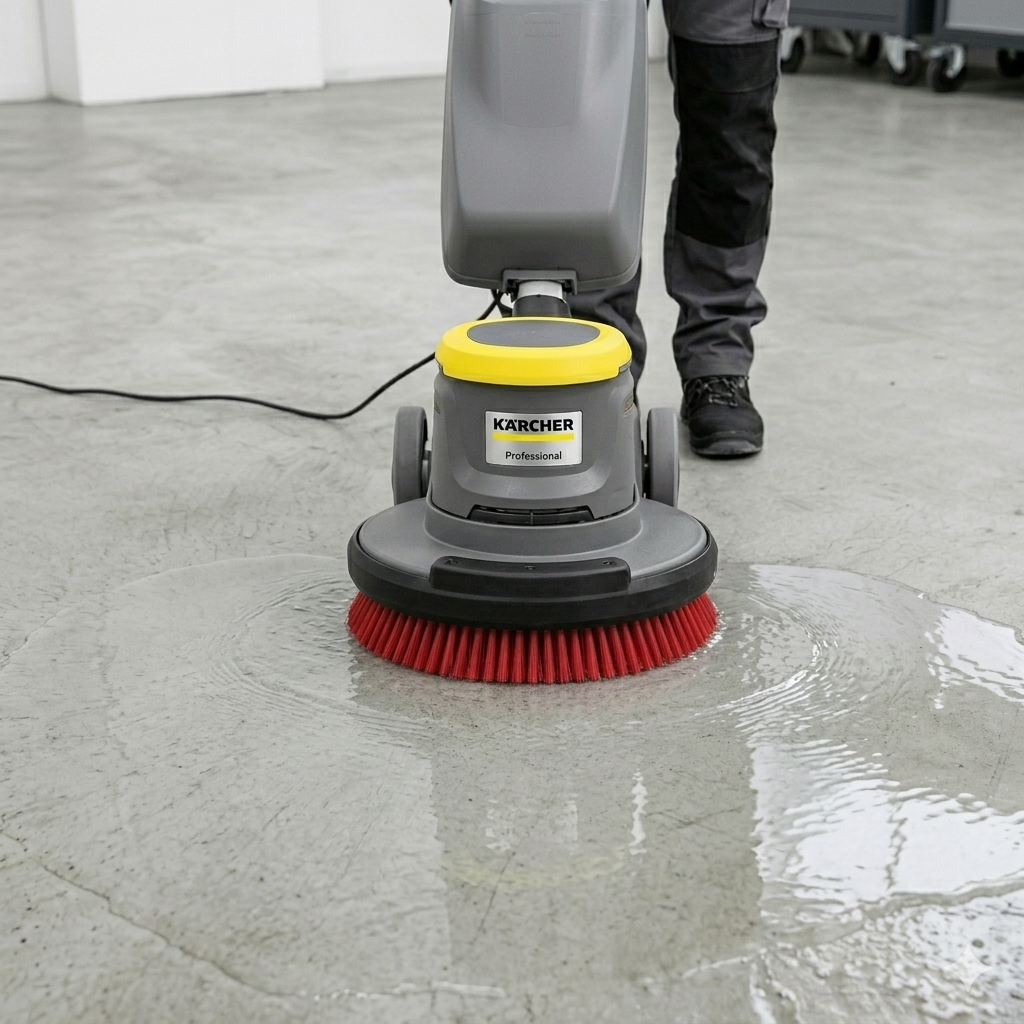 Nanoszenie roztworu czyszczącego na tapicerkę z odległości 15 cm przy użyciu pompy natryskowej odkurzacza Karcher