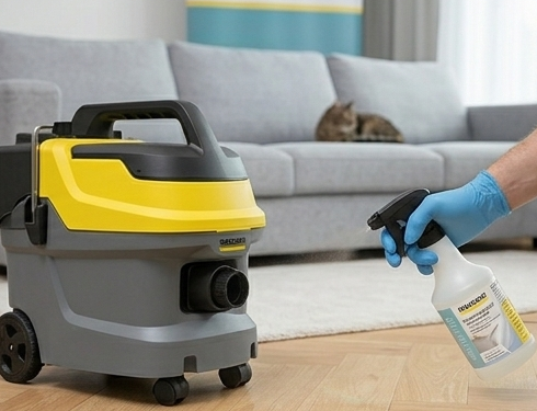 Nanoszenie roztworu czyszczącego na tapicerkę z odległości 15 cm przy użyciu pompy natryskowej odkurzacza Karcher