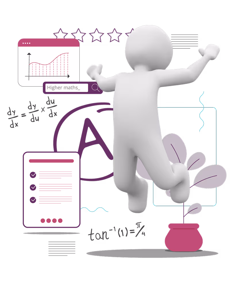 3D person jumping in celebration surrounded by math graphics including a line graph, calculus formula, search bar with 'Higher maths', checklist, and a large A grade symbol.