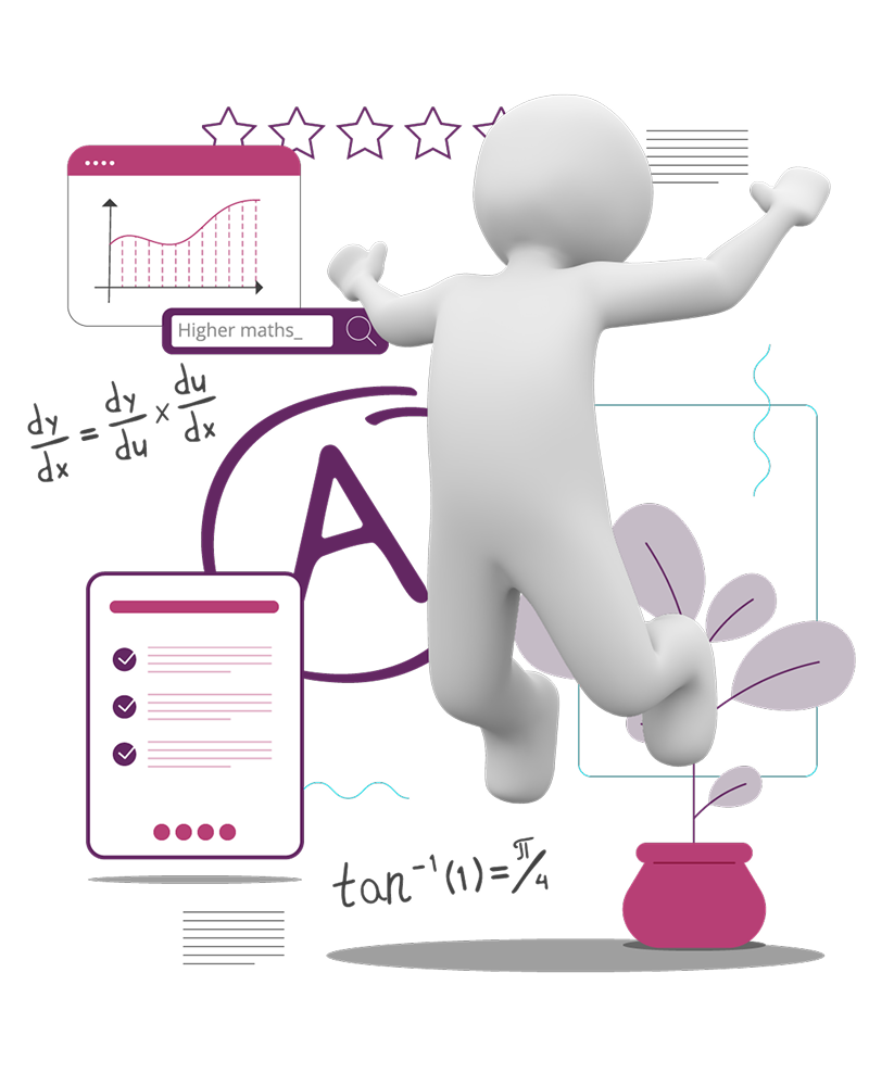 3D person jumping in celebration surrounded by math graphics including a line graph, calculus formula, search bar with 'Higher maths', checklist, and a large A grade symbol.