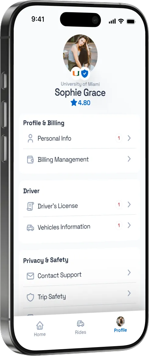 Smartphone screen showing a profile page for Sophie Grace from University of Miami with sections for Personal Info, Billing Management, Driver's License, Vehicles Information, Contact Support, and Trip Safety, with navigation icons for Home, Rides, and Profile at the bottom.