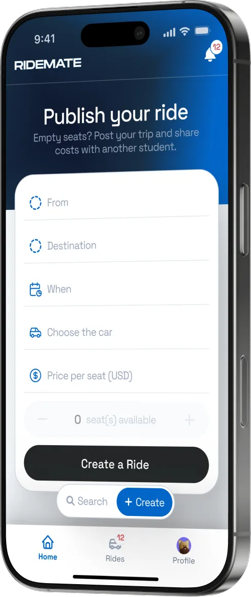Mobile app screen for publishing a ride with fields for From, Destination, When, Choose car, Price per seat, and available seats, plus Create a Ride button.