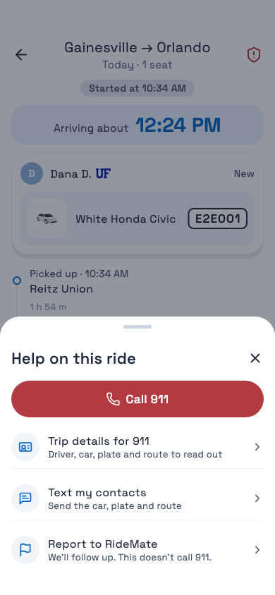 RideMate app: Help on this ride, with Call 911, trip details for 911, text my contacts and report