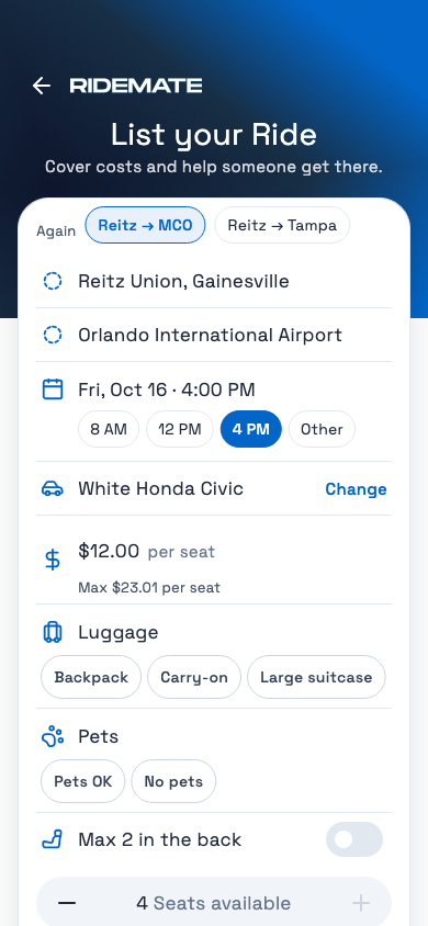 RideMate app: List your ride, with the price per seat and the maximum allowed