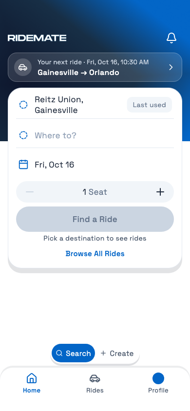 RideMate app: search for a ride from Gainesville