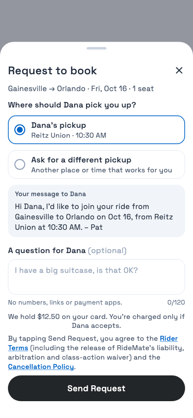 RideMate app: Request to book, with the price held on your card until the driver accepts