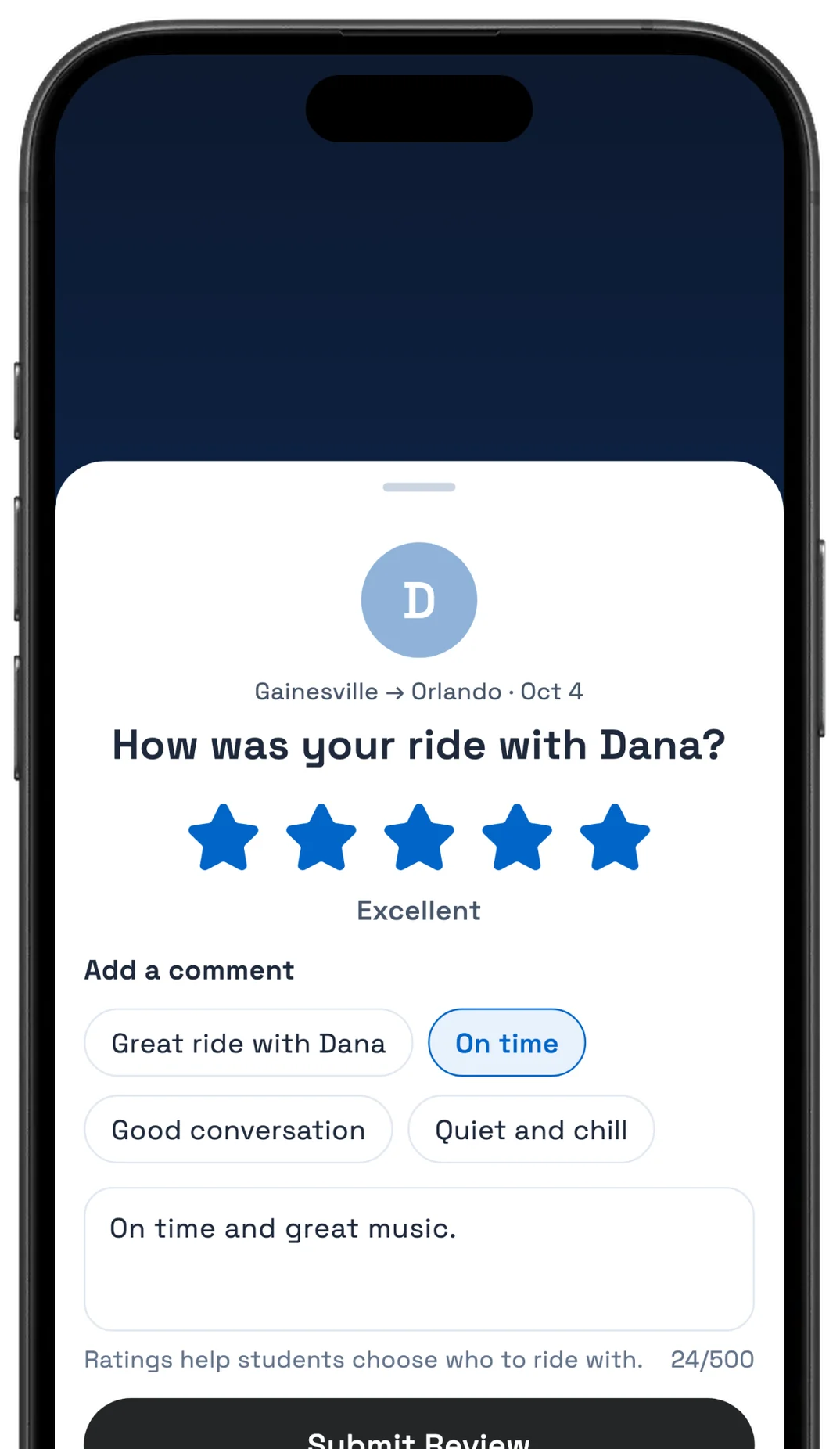 RideMate app: rating a ride with Dana, Gainesville to Orlando, five stars