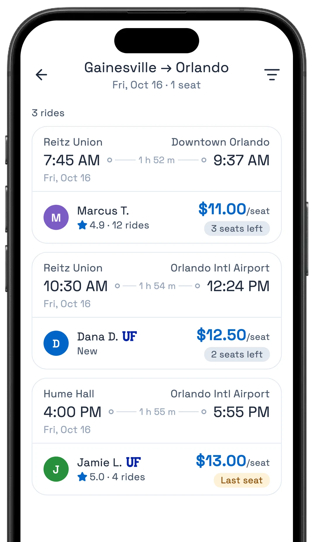 RideMate app: search results for rides from Gainesville to Orlando, three student drivers with times and price per seat