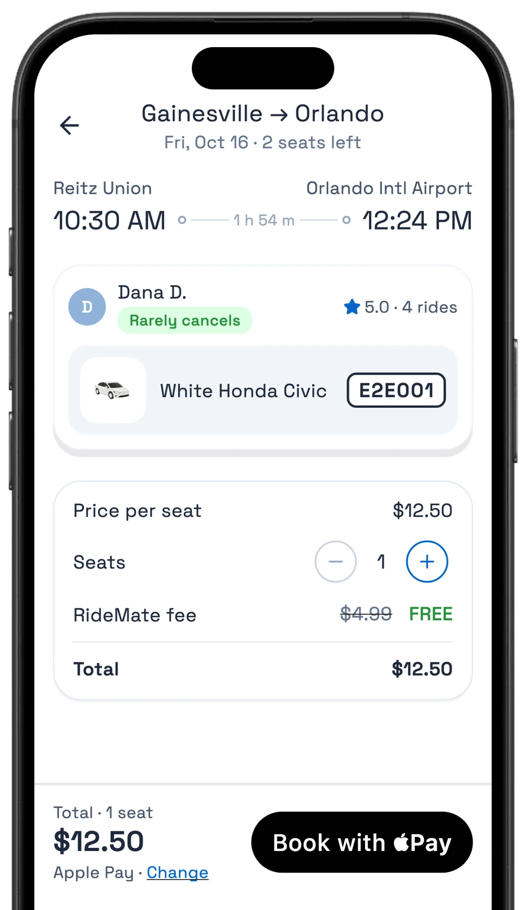 RideMate app: booking a seat with Dana, Gainesville to Orlando, $12.50 per seat, Book with Apple Pay