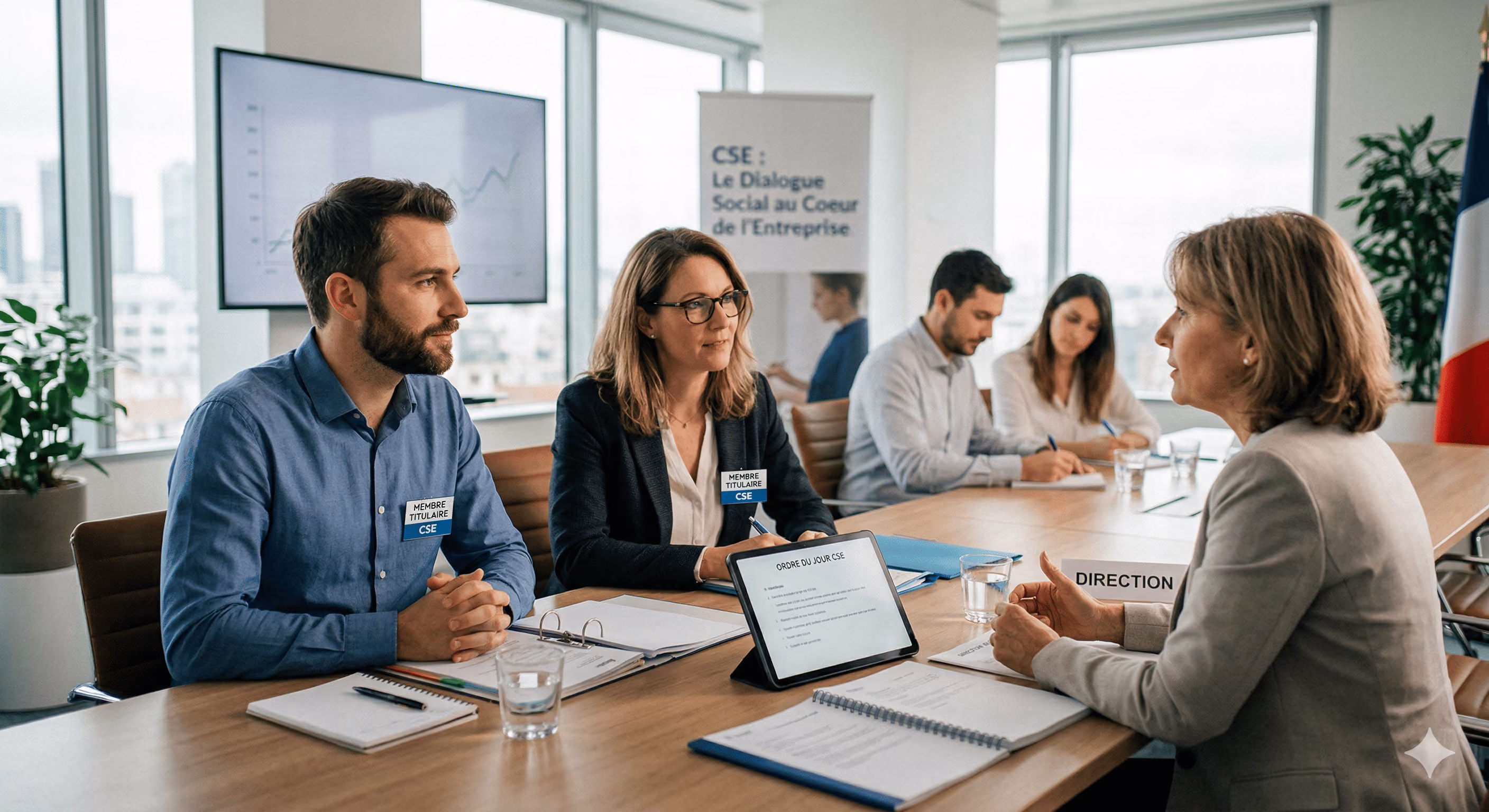 Réunion du comité social et économique autour d'un panneau sur le dialogue social en entreprise
