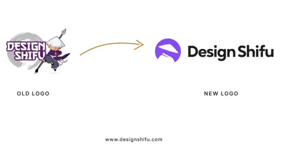 Comparison of Design Shifu’s old logo featuring a cartoon ninja with text, and the new minimalist purple icon with modern black text.