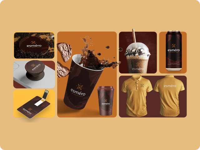 Collage of Esméro branded coffee products including coffee cup with splash, iced coffee, coffee can, USB and card, and yellow polo shirts with logo.