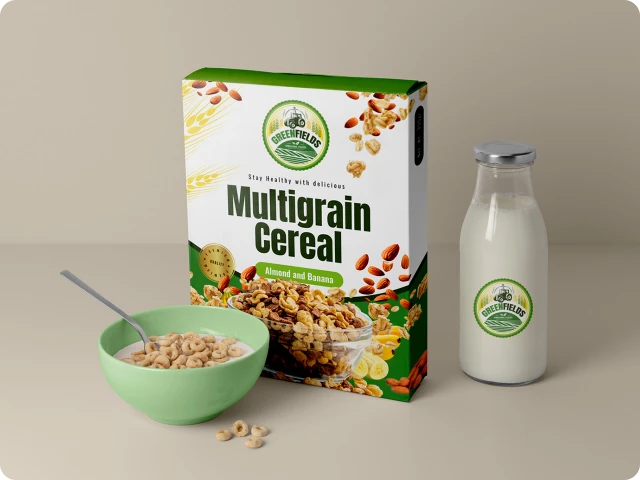 Box of Greenfields Multigrain Cereal with almond and banana flavor, a green bowl of cereal with a spoon, and a bottle of milk.