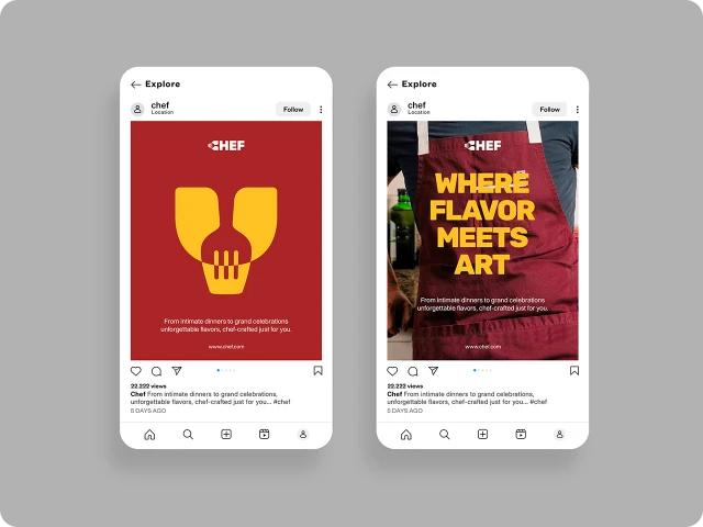 Two mobile screens showing Instagram posts from chef featuring a red background with a golden fork and spoon graphic and tagline 'Where flavor meets art' on a chef's apron.