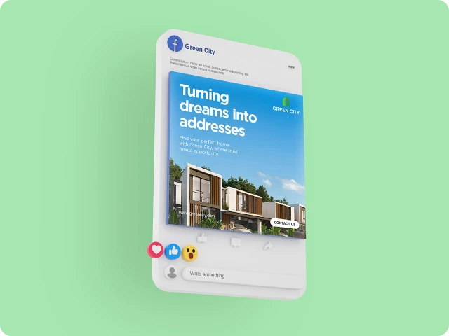 Social media post from Green City showcasing modern houses with text 'Turning dreams into addresses' and a contact button.