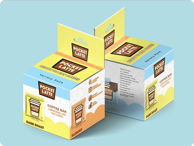 Two boxes of Pocket Latte ready-to-eat coffee bars in variety pack with dark roast and sugar-free flavors.