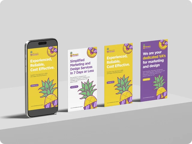 Marketing promotional materials displayed next to a smartphone featuring pineapple-themed graphics and text highlighting experienced, reliable, and cost-effective services.