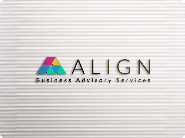 Colorful geometric triangle logo to the left of the word 'ALIGN' with the subtitle 'Business Advisory Services' on a light textured background.