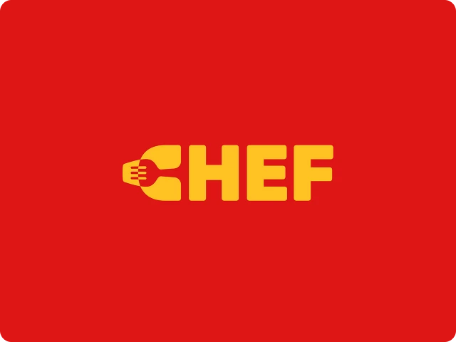 Yellow word 'CHEF' on red background with a fork integrated into the letter 'C'.
