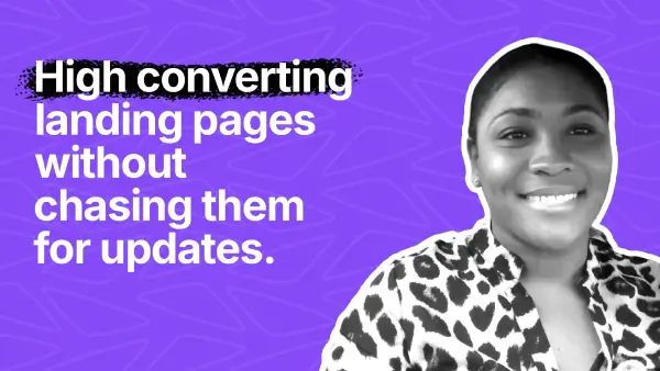 Smiling woman with a leopard print top on a purple background with text: 'High converting landing pages without chasing them for updates.'