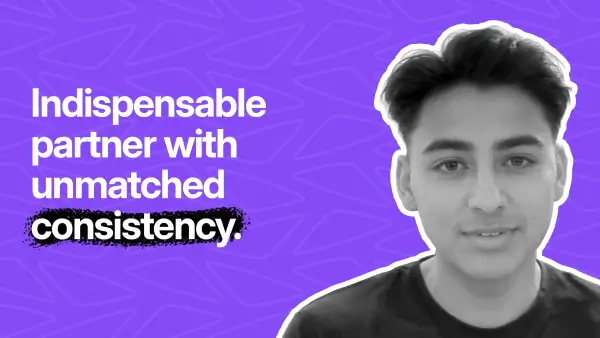 Portrait of a young man with dark hair on a purple background with text reading 'Indispensable partner with unmatched consistency.'