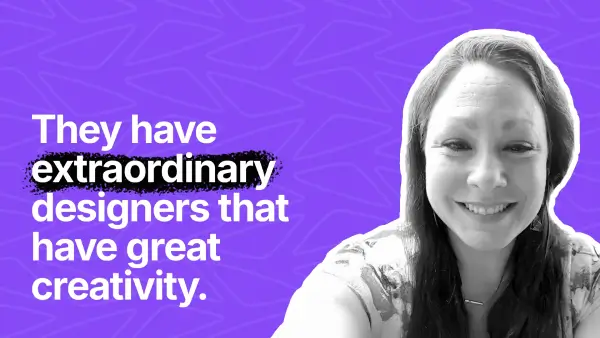 Smiling woman with long dark hair on a purple background with the text: 'They have extraordinary designers that have great creativity.'