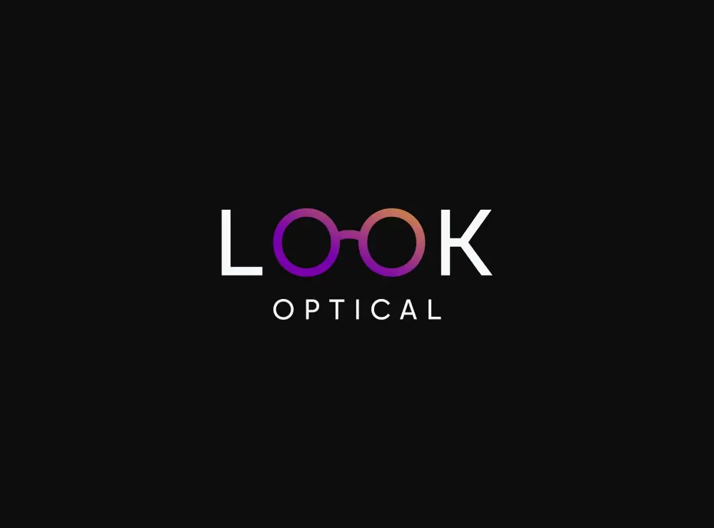 Logo for Look Optical with stylized glasses forming the two O's in 'LOOK' above the word 'OPTICAL' on a black background.