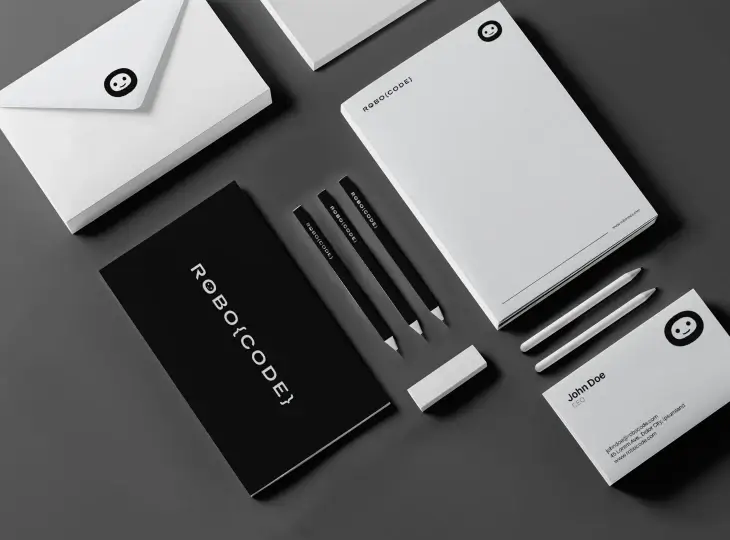 Black and white RoboCode branded stationery set including envelope, business card, pencils, notepad, and eraser on a dark surface.