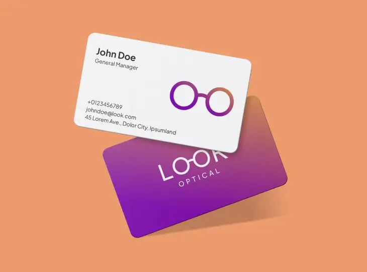 Two business cards for Look Optical, one showing general manager contact details and the other with the company logo on a purple gradient background.