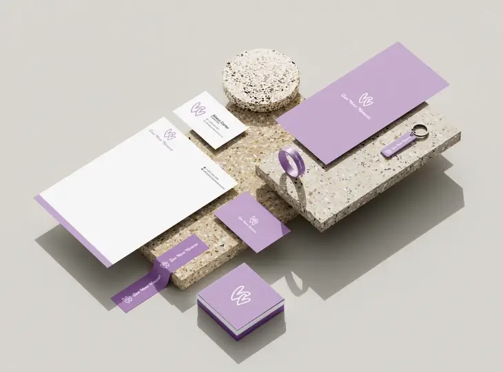 Lavender and white branding set with logo and text 'Save Moms Memories' on stationery, business card, keychain, wristband, and packaging box displayed on terrazzo surfaces.