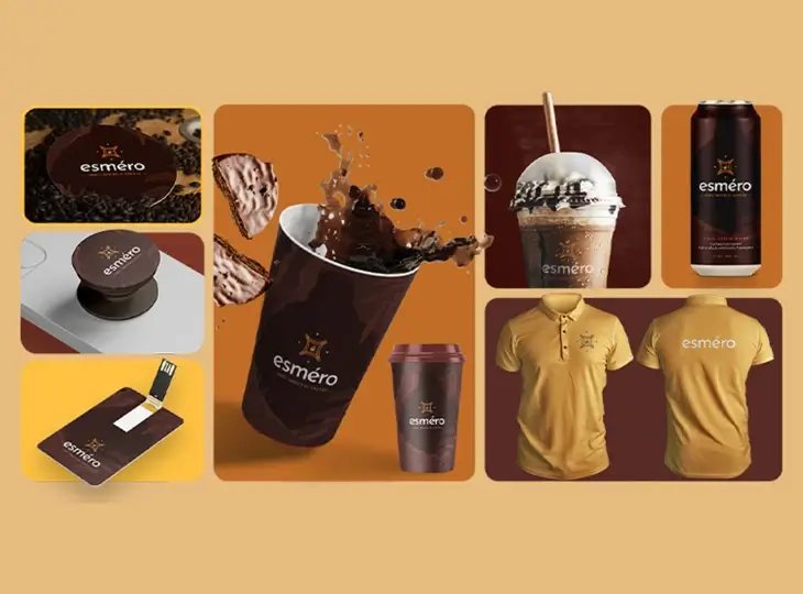 Esmero coffee branding displayed on various items including a coffee cup with splashing coffee, a cold coffee drink, a can, a business card, a pop socket, a USB card, and a mustard yellow polo shirt with front and back views.