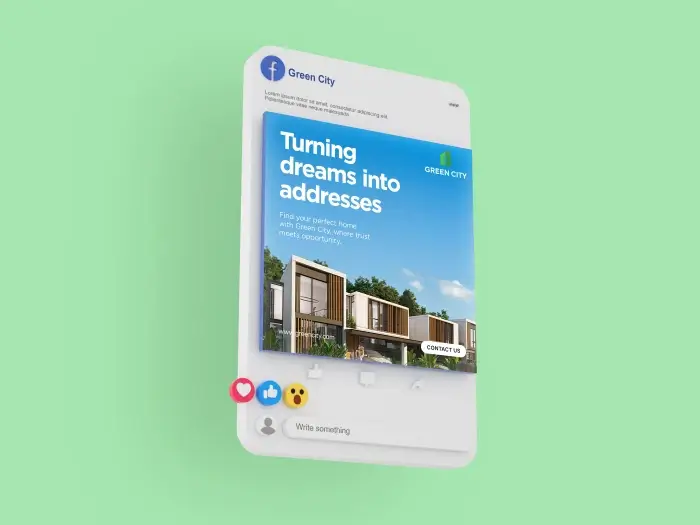 Social media post from Green City featuring modern homes and text 'Turning dreams into addresses' with engagement icons on a green background.