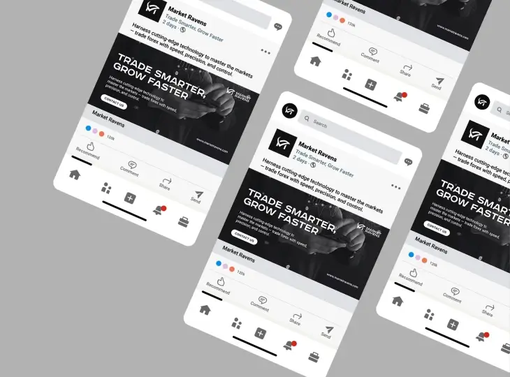 Multiple angled smartphone screens showing a Market Ravens social media post promoting trading technology with the text 'Trade Smarter, Grow Faster.'