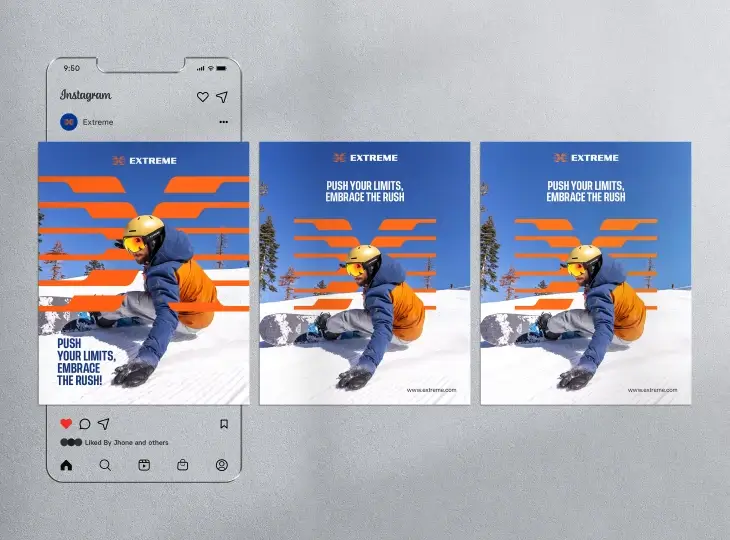 Snowboarder in orange jacket and yellow helmet carving through snow under a clear blue sky with 'Push your limits, embrace the rush' text.