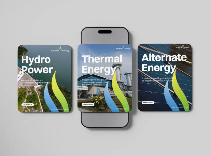 Three energy service cards for Sarawak Energy displaying Hydro Power with a dam image, Thermal Energy with a power plant image, and Alternate Energy with solar panels, each featuring a Learn More button.