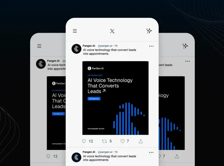 Social media post by Pangen AI promoting AI voice technology that converts leads into appointments, featuring a sleek black and blue graphic with text and a contact button.