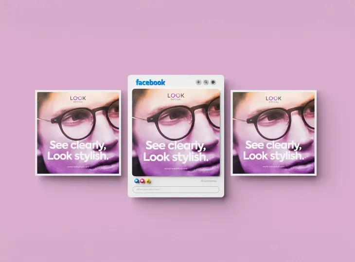 Three identical images of a woman wearing round glasses with text 'See clearly, Look stylish' on a pink background, the center one styled like a Facebook post.