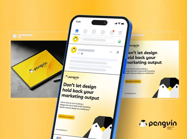 Smartphone screen displaying a marketing service page for Pengvin, showing a penguin logo and the tagline 'Don't let design hold back your marketing output.'