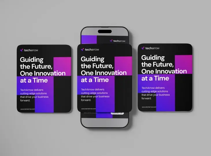 Three digital screens with TechArrow branding and text stating, 'Guiding the Future, One Innovation at a Time' on a gradient purple and black background.