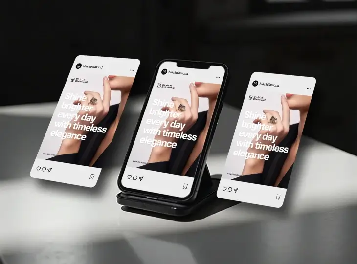 Three smartphones displaying an Instagram post featuring a hand wearing a diamond ring with the text 'Shine brighter every day with timeless elegance.'