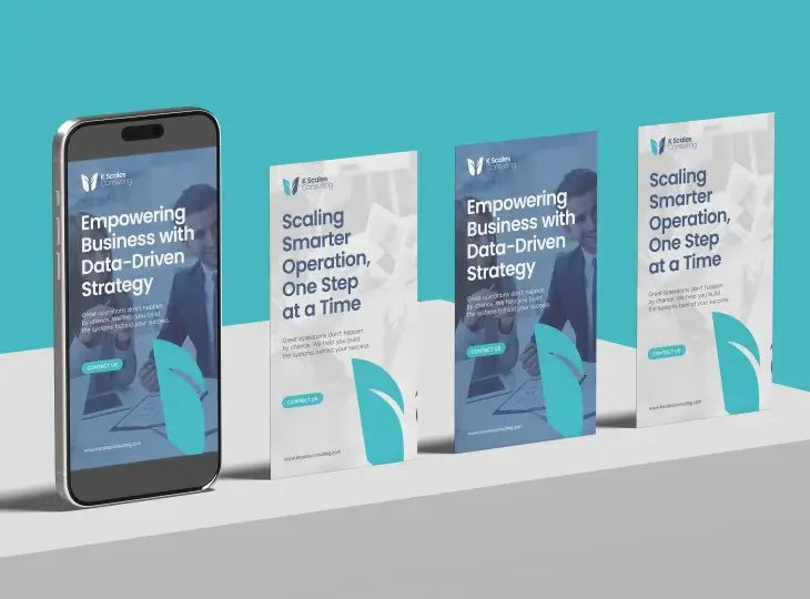 Mobile phone and three standing banners displaying consulting messages about data-driven business strategy and scaling smarter operations.