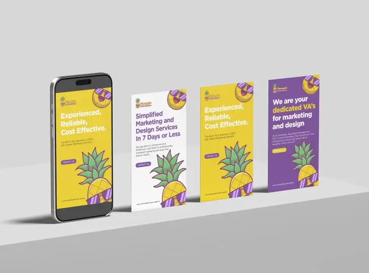 Marketing mockup displaying a smartphone and three vertical banners featuring Pineapple Marketing branding with messages about reliable and cost-effective marketing and design services.